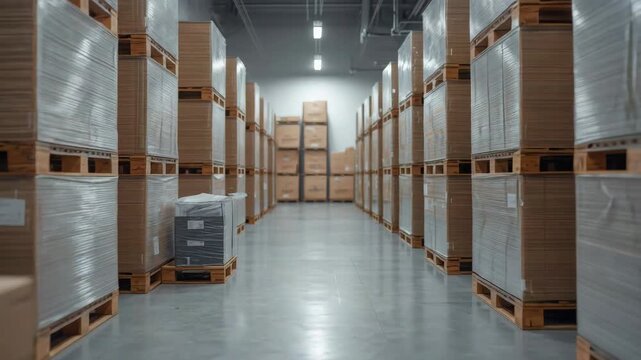 Warehouse aisle stacked pallets cardboard box inventory storage with soft lighting calm atmosphere