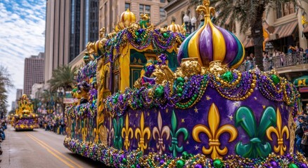 Fototapeta premium A vibrant parade float, adorned with purple, green, and gold decorations, showcases festive elements during a lively celebration in the city.