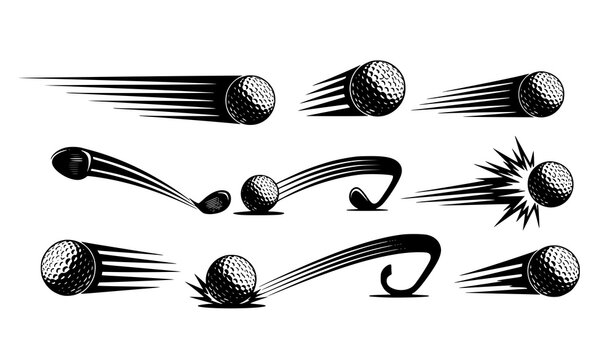 A set of black and white vector golf ball illustrations in motion with dynamic lines and speed effects.
