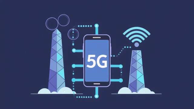 Futuristic 5G mobile network technology with smartphone connecting to wireless cell towers for fast internet data and global communication speed
