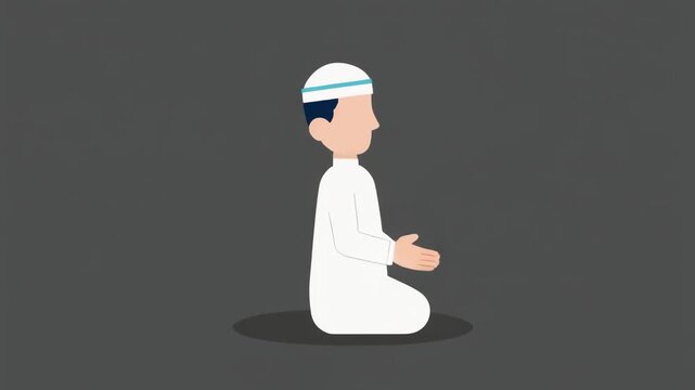 Flat illustration of a Muslim man kneeling in prayer, hands raised for dua, dressed in white, representing Islamic faith devotion and worship
