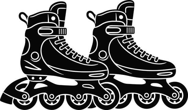 Inline roller skate silhouette illustration, skating sport equipment artwork, fitness transport vector design, recreation graphic icon, black white symbol