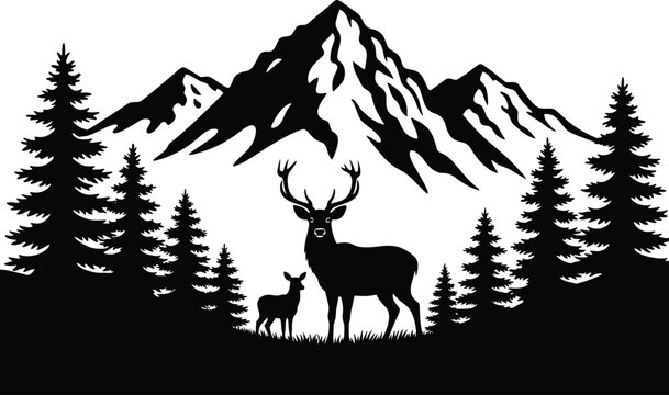 Mountain forest silhouette illustration, deer wildlife artwork, pine tree vector design, alpine landscape graphic, nature habitat symbol, black white scene