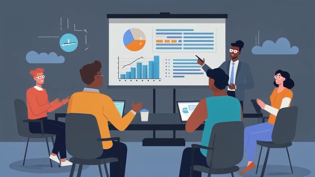 Diverse business team collaborating in a modern office meeting room analyzing financial data and marketing reports on a large screen during a corporate presentation