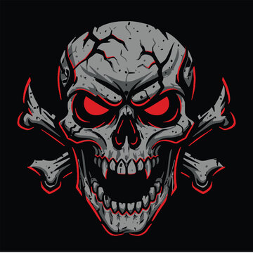 Cracked grey skull with glowing red eyes and crossed bones vector illustration on black background