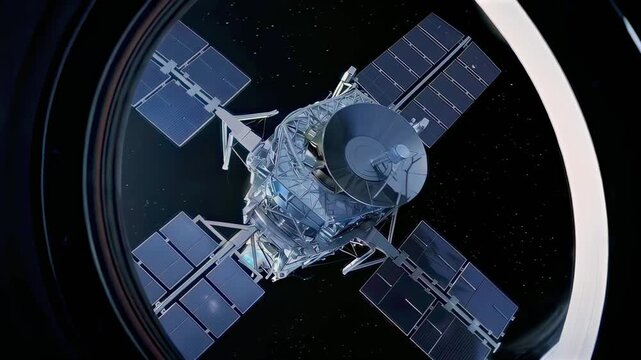 Satellite spinning overhead. Earth view with satellite details. Orbiting satellite displays antenna and solar panels. Spacecraft with large dish and reflective surfaces orbits Earth