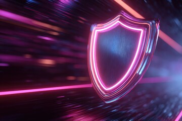 Fototapeta premium Cybersecurity Fortress: A glowing shield, illuminated with vibrant colors, stands as a symbol of digital protection and security against the fast-paced flow of a complex network.