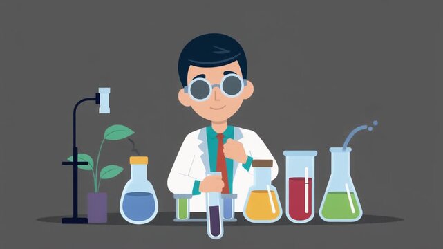 Young male scientist character conducting chemistry experiments in a laboratory with various colorful liquids in test tubes and beakers