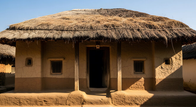 Traditional Indian village house with mud walls and thatched roo