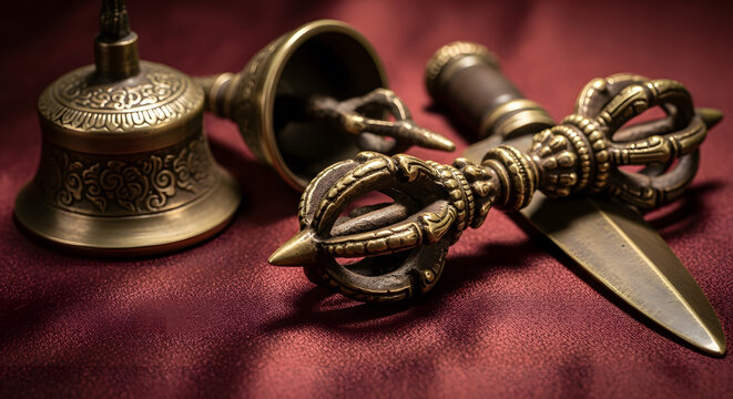 Traditional Nepalese Ritual Objects Including Vajra Bell and Phu