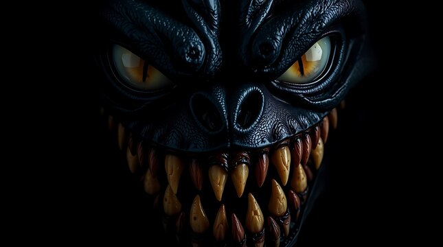 A close-up of a monster's face with sharp teeth and glowing eyes in the dark