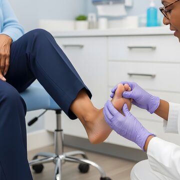 Female doctor examining senior patient foot in podiatry clinic for orthopedic healthcare treatment