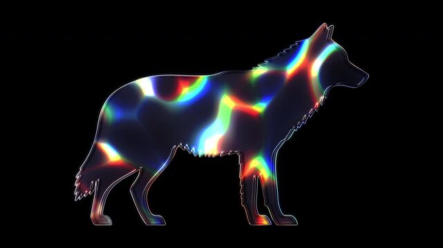 A wolf shimmering with various colored lights on a glass-like surface with an alpha channel. Seamless loop video.