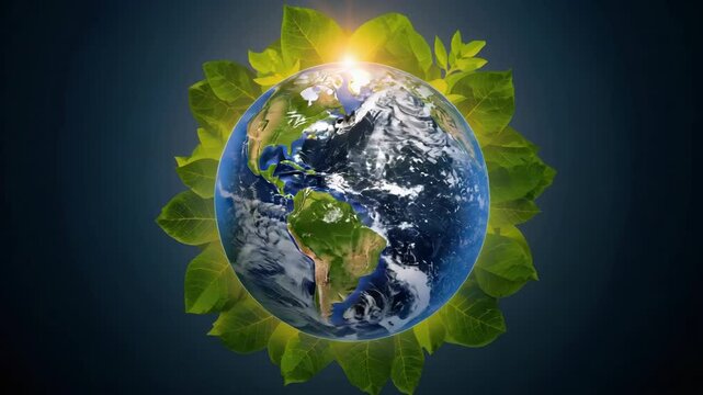 Earth leaf planet globe sunlight nature halo sunrise conveying environmental hope and renewal