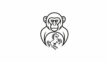 Monkey Holding Horse Logo, Animal Emblem, Primate and Equine Symbol