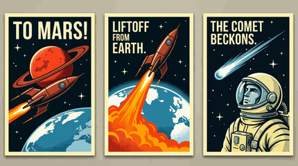 Retro Space Travel Posters Set: Vintage Sci-Fi Rocket Launch, Mars Exploration, Astronaut & Comet Art. Mid-Century Modern Cosmic Adventure. © Mr