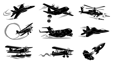 Aircraft Silhouettes Set: Fighter Jets, Helicopters, Biplanes, Cargo Planes & Rocket Icons © Mr