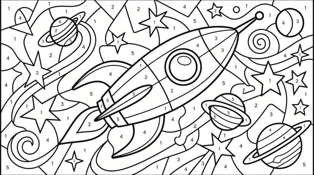 Kids' Space Adventure Color By Number Coloring Page. Rocket Ship, Planets, and Stars Educational Activity for Children's Creativity.