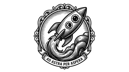Vintage Rocket Launch Emblem: Ad Astra Per Aspera. Engraved Space Exploration Design with Ornate Frame & Stars.