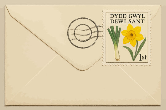 Envelope with "Dydd Gŵyl Dewi Sant" stamp featuring leek and daffodil, postal theme