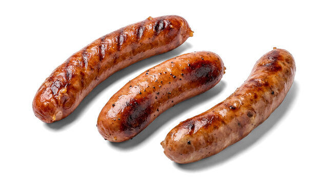 three perfectly grilled sausages, detailed with prominent grill marks and pepper seasoning, presented against a stark transparent background for dramatic food presentation.