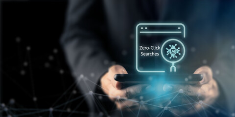 Naklejka na ściany i meble Zero-Click AI Search Experience concept. Holding a smartphone with a glowing AI interface labeled Zero-Click Searches. Instant answers, automated insights and AI-driven search without website clicks.