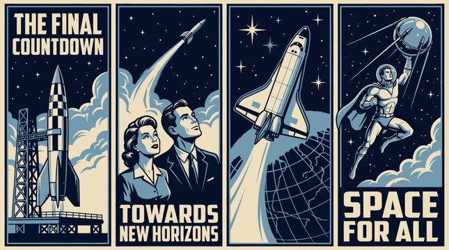 Retro Space Age Art Collage: Vintage Propaganda Style Posters Depicting Rockets, Astronauts, and the Cosmic Frontier