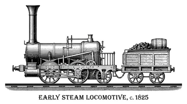 Early Steam Locomotive and Coal Tender (c. 1825) - Vintage Engraving Illustration, Industrial Revolution Era