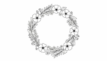 Hand-drawn floral wreath with delicate flowers and leaves, black and white sketch, isolated on white background.
