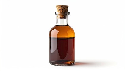 A small glass bottle filled with a dark amber liquid sits on a white background, corked with a textured stopper, casting a shadow, and exhibiting a refined aesthetic.
