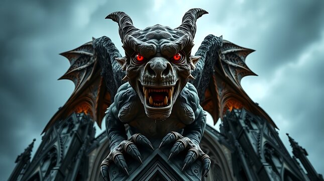 A dramatic gargoyle statue with red eyes perched atop a Gothic building under a cloudy sky