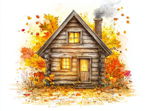 Watercolor log cabin, vibrant autumn leaves surround it, warm light glows from windows, smoke drifts from chimney, creating a cozy fall scene