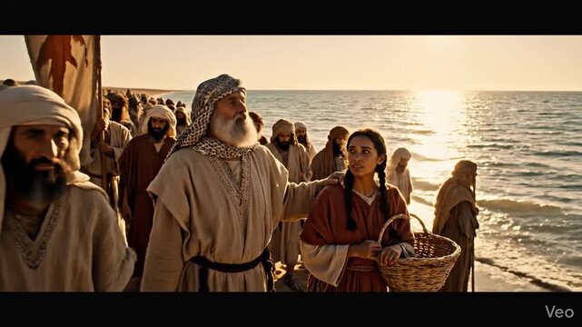 Ancient Israelites Gathered by the Red Sea Coast During Historical Biblical Exodus Scene with Traditional Attire and Dramatic Coastal Landscape Background