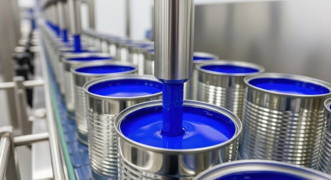 Automated filling line for paint cans with vibrant blue liquid in a modern industrial factory setting