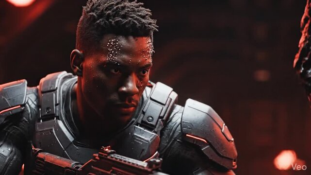 Cinematic confrontation between a brave human and a terrifying extraterrestrial monster in a dark red and black futuristic science fiction landscape with eerie atmospheric lighting.