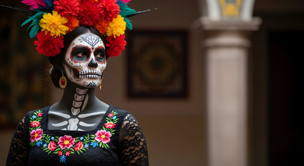 Woman in traditional Catrina makeup with floral headpiece for Da