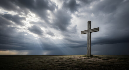 Wooden Cross Standing in an Open Field Under a Dark Cloudy Sky w