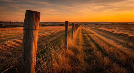 Wooden fence with barbed wire leading through a rural field duri