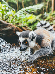 Obraz premium A lemur with bright orange eyes carefully sips clear water from a jungle stream, surrounded by lush green foliage