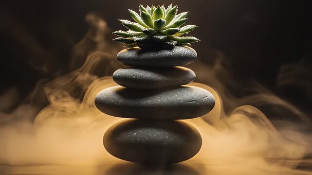 Stacked stones and succulent topped with dewdrops, enveloped in smoky haze