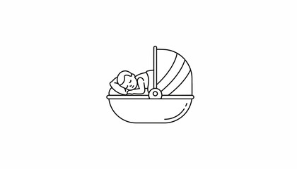Cute baby sleeping peacefully in a vintage bassinet, simple line art illustration