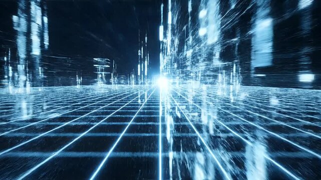 A futuristic digital landscape with glowing blue grid lines receding into a dark, abstract city