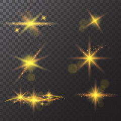 Sparkling star, sunburst particles, golden shimmering bokeh lights and sequins. © Mosesdesign