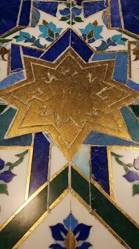 Intricate Golden Star Mosaic Tiles Blue Green White Traditional Pattern