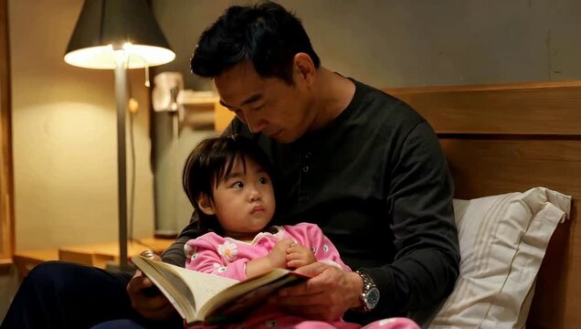 Father and daughter reading a book together in bed.