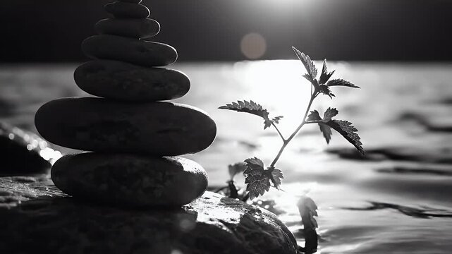 Stacked pebbles and delicate plant in soft sunlight over rippling water