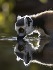 Fototapeta premium Backlit lemur gracefully drinking from water, its fur glowing, with a striking, clear reflection on the gently rippled surface