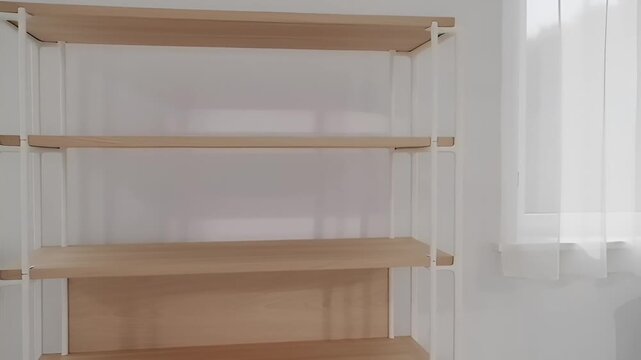 Close-up shot of empty wooden shelves against a white wall with natural light from a window.