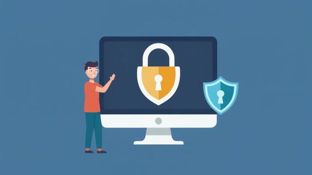 Digital security and data protection illustration featuring a person with a computer and symbols for online privacy and internet safety.