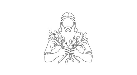 Ancient Man Holding Mistletoe Branches, Line Art Illustration